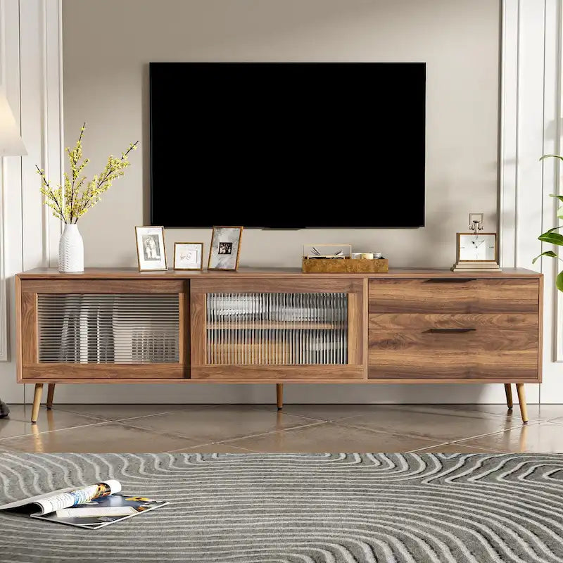 Modern TV Stand for 75+ TV, TV Console with 2 Glass Doors, Entertainment Center with 2 Drawers & Storage Cabinet