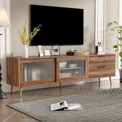Modern TV Stand for 75+ TV, TV Console with 2 Glass Doors, Entertainment Center with 2 Drawers & Storage Cabinet