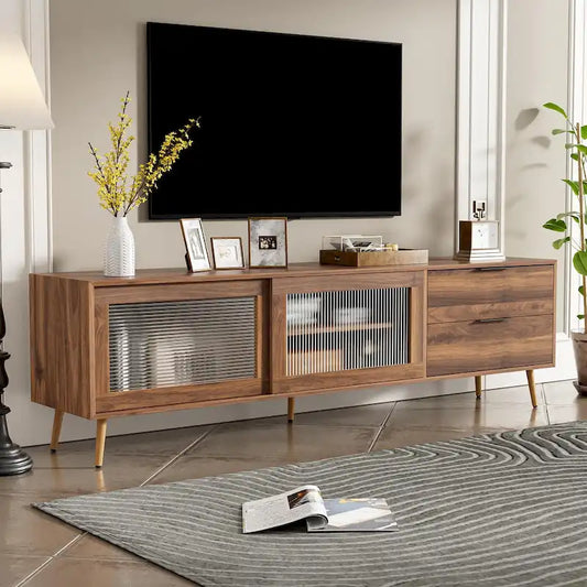 Modern TV Stand for 75+ TV, TV Console with 2 Glass Doors, Entertainment Center with 2 Drawers & Storage Cabinet
