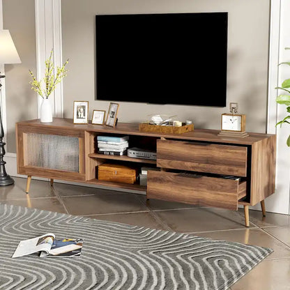 Modern TV Stand for 75+ TV, TV Console with 2 Glass Doors, Entertainment Center with 2 Drawers & Storage Cabinet