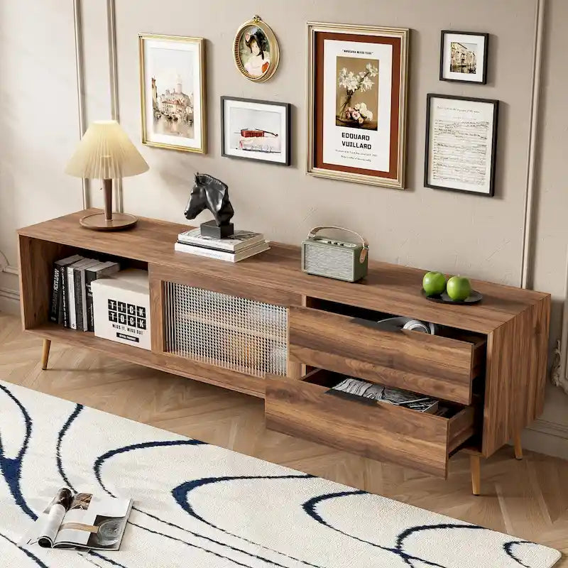 Modern TV Stand for 75+ TV, TV Console with 2 Glass Doors, Entertainment Center with 2 Drawers & Storage Cabinet