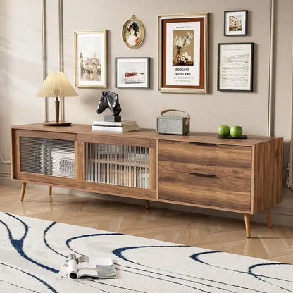 Modern TV Stand for 75+ TV, TV Console with 2 Glass Doors, Entertainment Center with 2 Drawers & Storage Cabinet