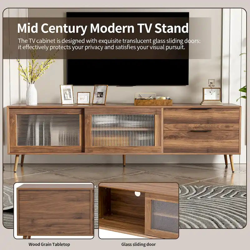 Modern TV Stand for 75+ TV, TV Console with 2 Glass Doors, Entertainment Center with 2 Drawers & Storage Cabinet