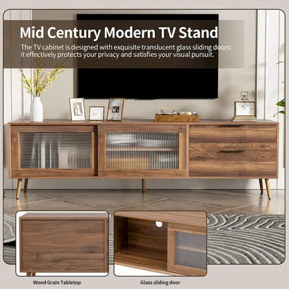 Modern TV Stand for 75+ TV, TV Console with 2 Glass Doors, Entertainment Center with 2 Drawers & Storage Cabinet
