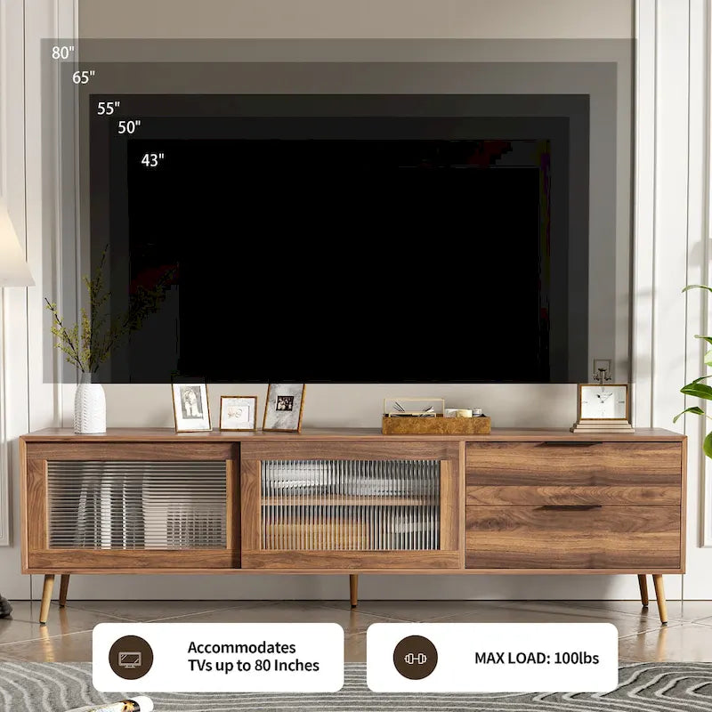 Modern TV Stand for 75+ TV, TV Console with 2 Glass Doors, Entertainment Center with 2 Drawers & Storage Cabinet