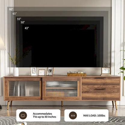 Modern TV Stand for 75+ TV, TV Console with 2 Glass Doors, Entertainment Center with 2 Drawers & Storage Cabinet