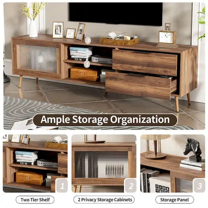Modern TV Stand for 75+ TV, TV Console with 2 Glass Doors, Entertainment Center with 2 Drawers & Storage Cabinet