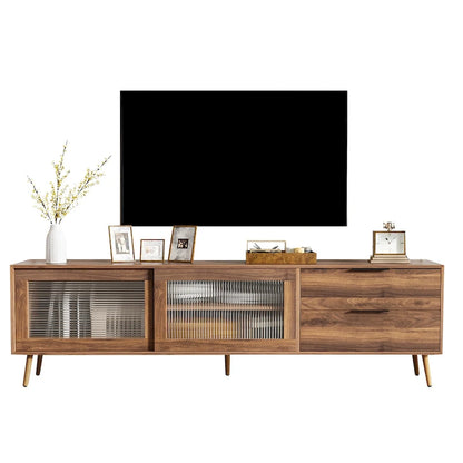 Modern TV Stand for 75+ TV, TV Console with 2 Glass Doors, Entertainment Center with 2 Drawers & Storage Cabinet