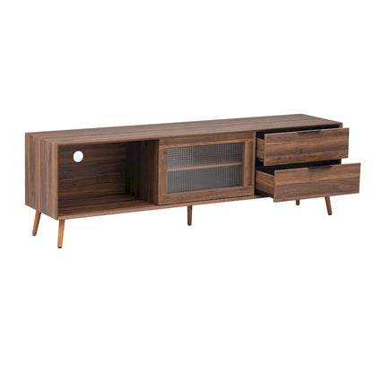 Modern TV Stand for 75+ TV, TV Console with 2 Glass Doors, Entertainment Center with 2 Drawers & Storage Cabinet