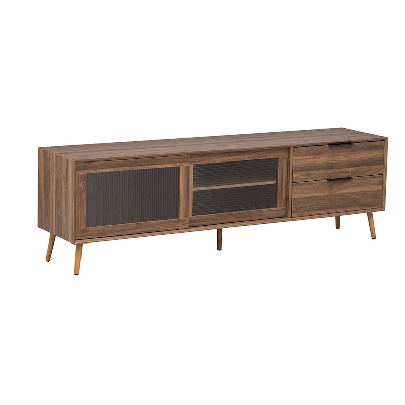 Modern TV Stand for 75+ TV, TV Console with 2 Glass Doors, Entertainment Center with 2 Drawers & Storage Cabinet