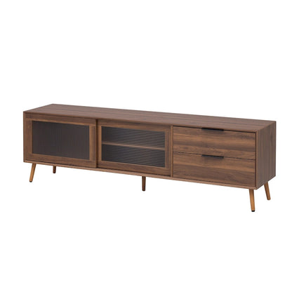 Modern TV Stand for 75+ TV, TV Console with 2 Glass Doors, Entertainment Center with 2 Drawers & Storage Cabinet