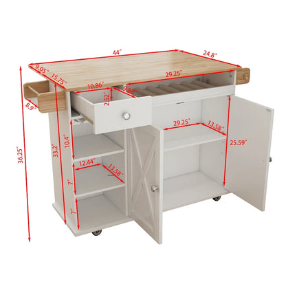 44 W Kitchen Island Cart With Storage, Rolling Side Table On Wheels With Drop Leaf, Wine Rack, Spice Rack, Glass Holder