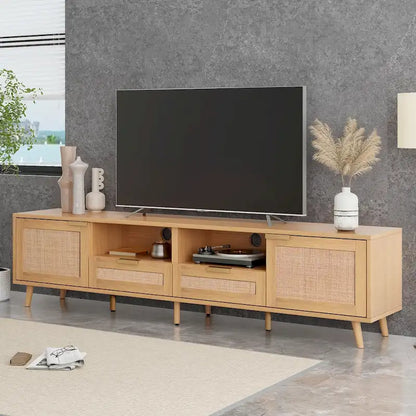 Roomfitters Rattan TV Stand for 85 TV, Farmhouse Media Console, Solid Wood Legs, Wood