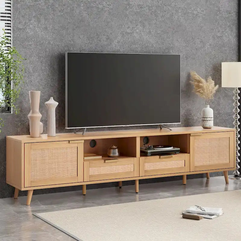 Roomfitters Rattan TV Stand for 85 TV, Farmhouse Media Console, Solid Wood Legs, Wood