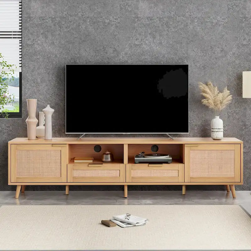 Roomfitters Rattan TV Stand for 85 TV, Farmhouse Media Console, Solid Wood Legs, Wood