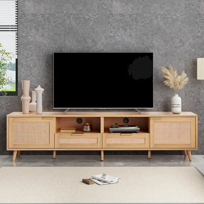 Roomfitters Rattan TV Stand for 85 TV, Farmhouse Media Console, Solid Wood Legs, Wood