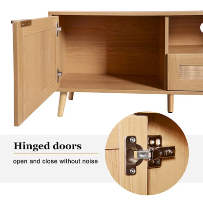 Roomfitters Rattan TV Stand for 85 TV, Farmhouse Media Console, Solid Wood Legs, Wood