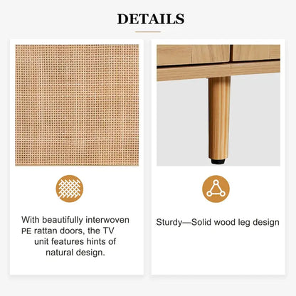 Roomfitters Rattan TV Stand for 85 TV, Farmhouse Media Console, Solid Wood Legs, Wood