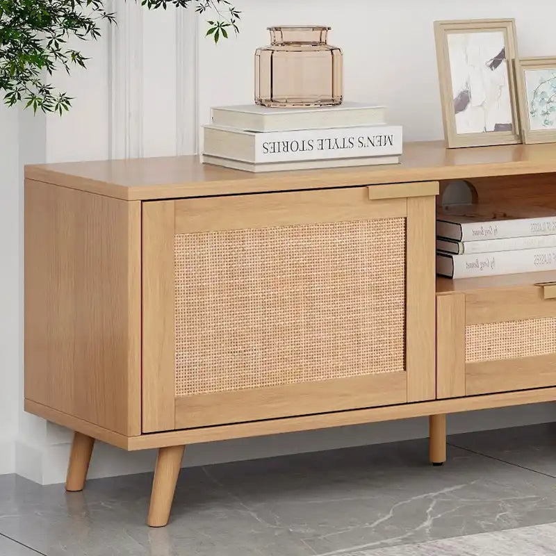 Roomfitters Rattan TV Stand for 85 TV, Farmhouse Media Console, Solid Wood Legs, Wood