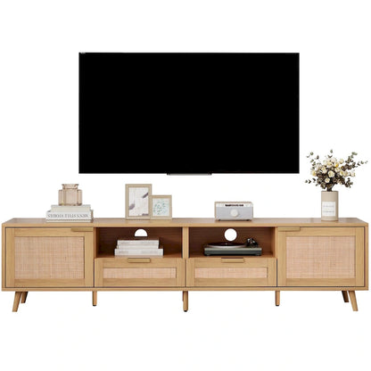 Roomfitters Rattan TV Stand for 85 TV, Farmhouse Media Console, Solid Wood Legs, Wood