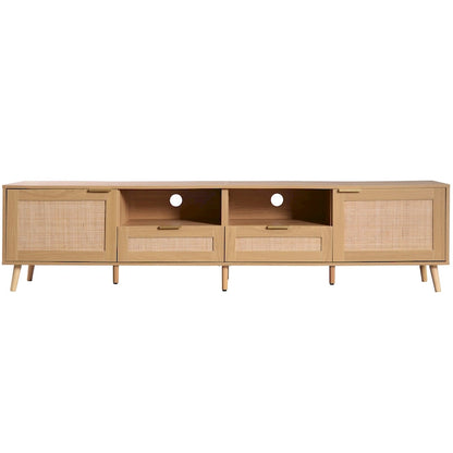 Roomfitters Rattan TV Stand for 85 TV, Farmhouse Media Console, Solid Wood Legs, Wood
