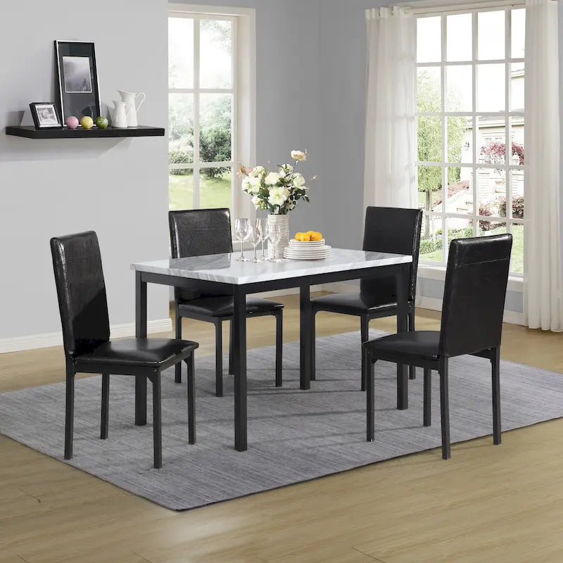 5-Piece Dining Table and Chair Set, Kitchen Dining Furniture Set with Faux Marble Rectangular Table and 4 Chairs