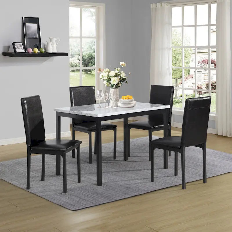 5-Piece Dining Table and Chair Set, Kitchen Dining Furniture Set with Faux Marble Rectangular Table and 4 Chairs