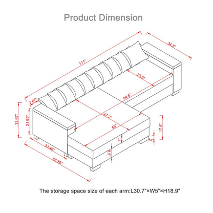 111 Corduroy L-Shaped Sectional Sofa with Convertible Chaise