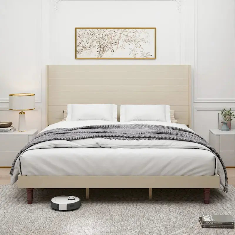 King Platform Bed with Elegant High Headboard & Comfortable Back