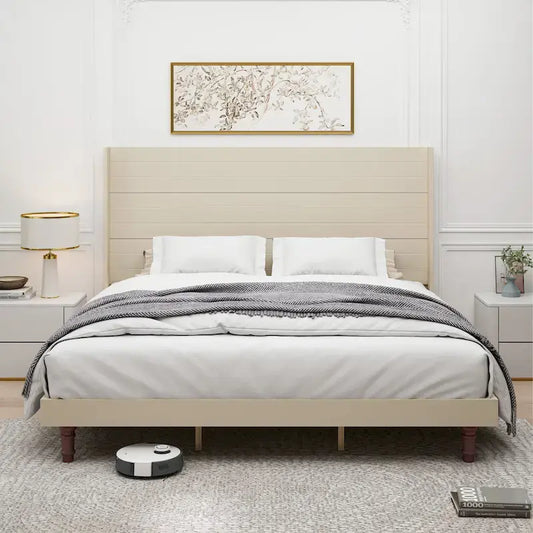 King Platform Bed with Elegant High Headboard & Comfortable Back