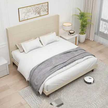 King Platform Bed with Elegant High Headboard & Comfortable Back