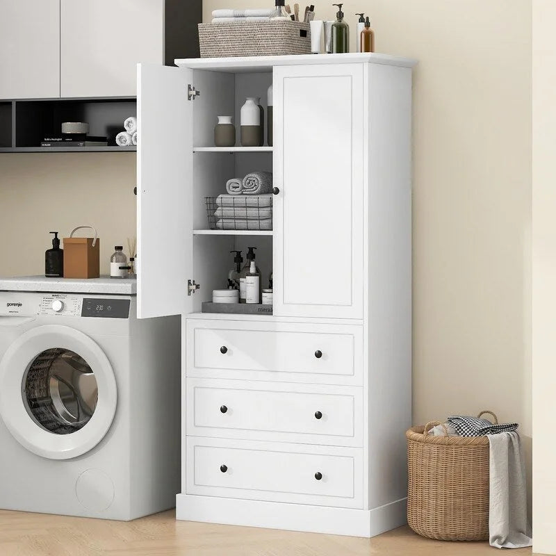 Freestanding Bathroom Cabinet with Doors & 3 Large Drawers, Adjustable Shelves