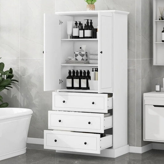 Freestanding Bathroom Cabinet with Doors & 3 Large Drawers, Adjustable Shelves