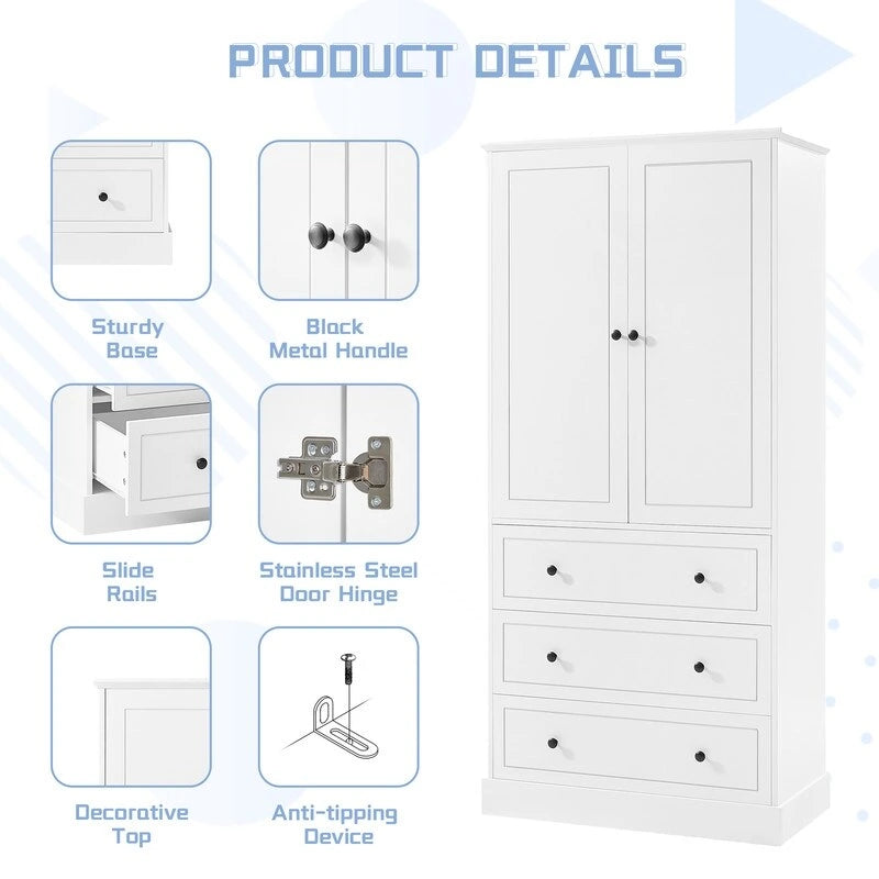 Freestanding Bathroom Cabinet with Doors & 3 Large Drawers, Adjustable Shelves