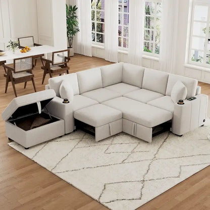 84.7 Modern L-shaped Sectional Sofa Set with a Movable Storage Ottoman and Pull-out Sofa
