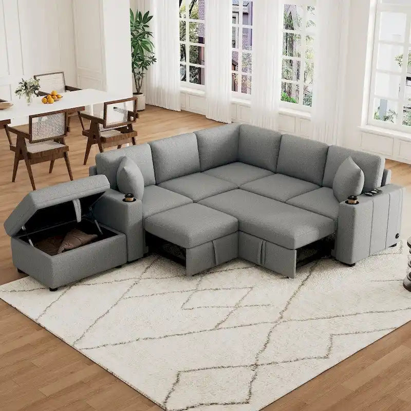 84.7 Modern L-shaped Sectional Sofa Set with a Movable Storage Ottoman and Pull-out Sofa