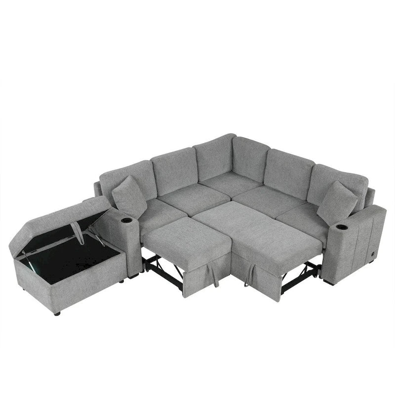 84.7 Modern L-shaped Sectional Sofa Set with a Movable Storage Ottoman and Pull-out Sofa
