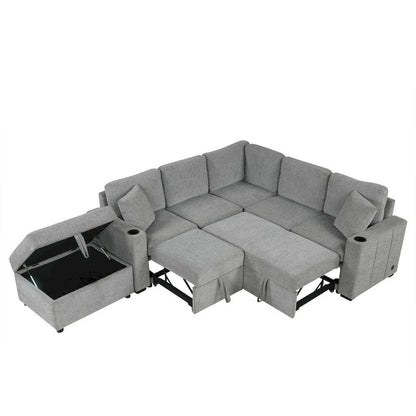 84.7 Modern L-shaped Sectional Sofa Set with a Movable Storage Ottoman and Pull-out Sofa
