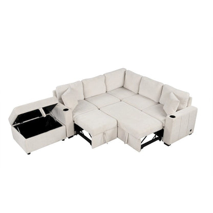 84.7 Modern L-shaped Sectional Sofa Set with a Movable Storage Ottoman and Pull-out Sofa
