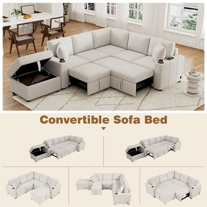 84.7 Modern L-shaped Sectional Sofa Set with a Movable Storage Ottoman and Pull-out Sofa