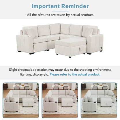 84.7 Modern L-shaped Sectional Sofa Set with a Movable Storage Ottoman and Pull-out Sofa