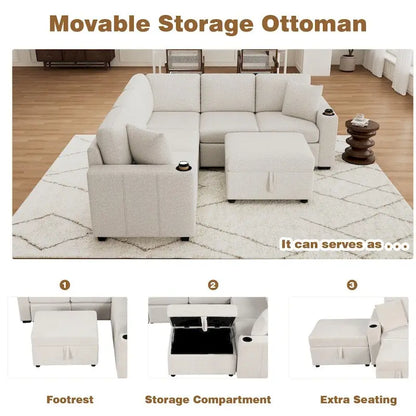 84.7 Modern L-shaped Sectional Sofa Set with a Movable Storage Ottoman and Pull-out Sofa