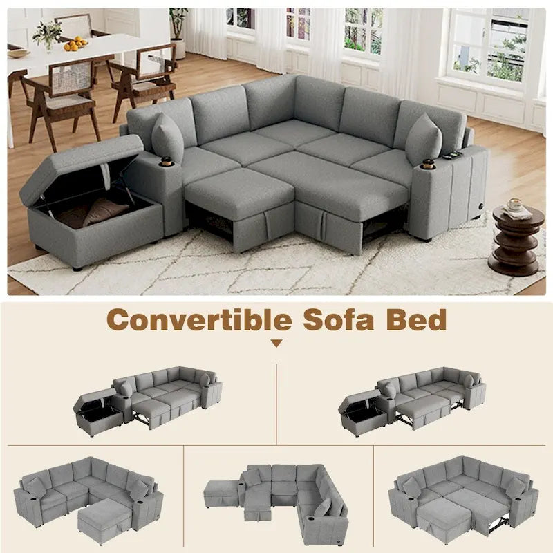 84.7 Modern L-shaped Sectional Sofa Set with a Movable Storage Ottoman and Pull-out Sofa