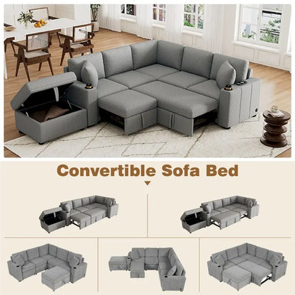 84.7 Modern L-shaped Sectional Sofa Set with a Movable Storage Ottoman and Pull-out Sofa