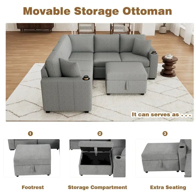 84.7 Modern L-shaped Sectional Sofa Set with a Movable Storage Ottoman and Pull-out Sofa