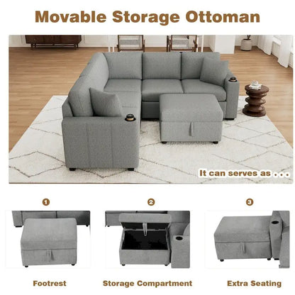 84.7 Modern L-shaped Sectional Sofa Set with a Movable Storage Ottoman and Pull-out Sofa