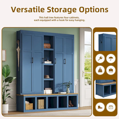 4-in-1 Hall Tree with 6 Hanging Hooks, Entryway Shoe Cabinet with Open Compartments, Wood Bench with Multiple Storage Space