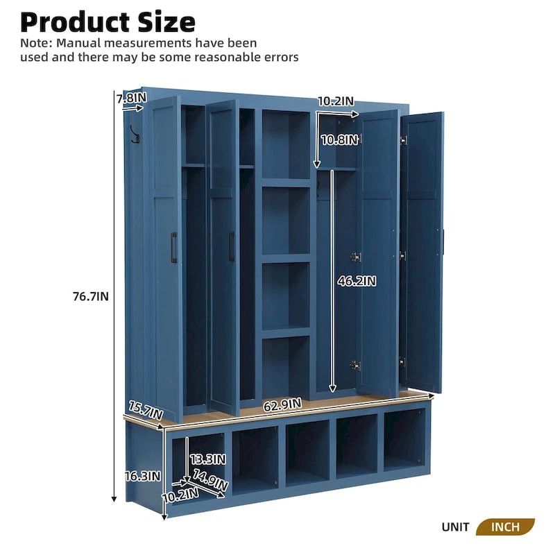 4-in-1 Hall Tree with 6 Hanging Hooks, Entryway Shoe Cabinet with Open Compartments, Wood Bench with Multiple Storage Space