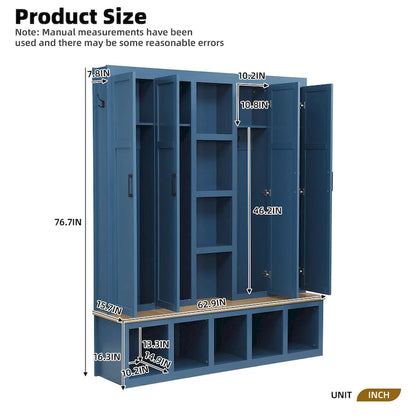 4-in-1 Hall Tree with 6 Hanging Hooks, Entryway Shoe Cabinet with Open Compartments, Wood Bench with Multiple Storage Space