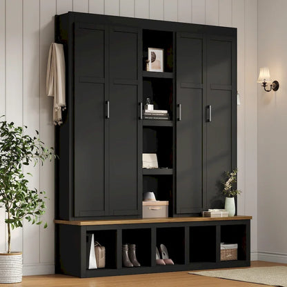 4-in-1 Hall Tree with 6 Hanging Hooks, Entryway Shoe Cabinet with Open Compartments, Wood Bench with Multiple Storage Space